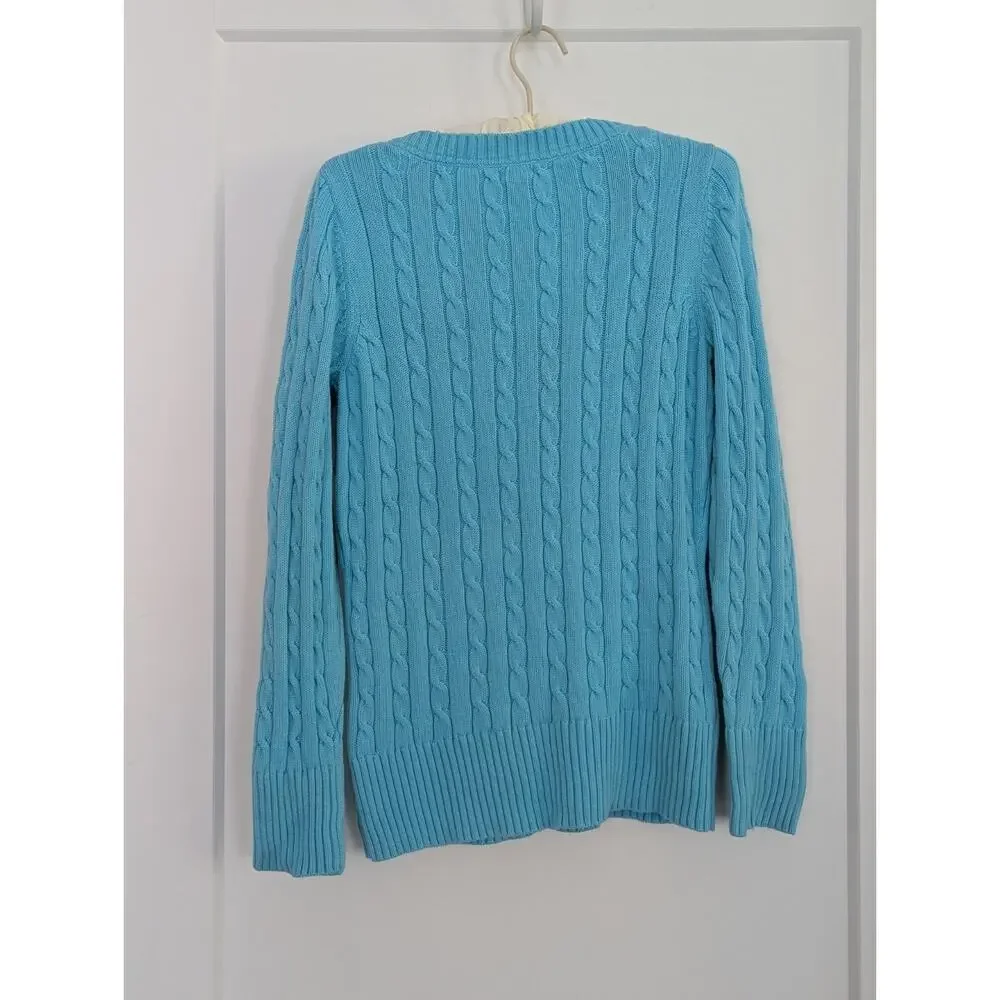 Old Navy Women's L Turquoise Blue Cable Knit V-neck Sweater Whale Logo Preppy